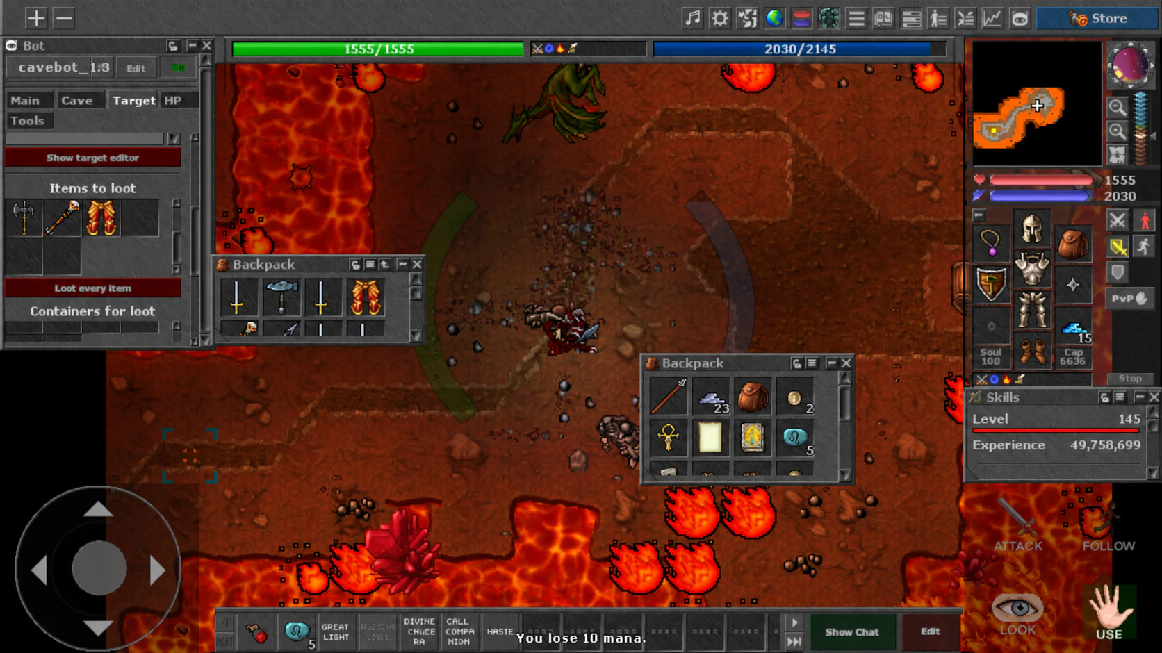 Mist of Death running on Android with touch controls, action buttons, inventory, and the game map visible